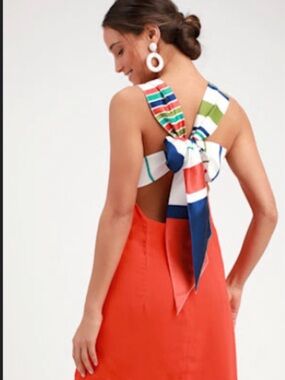 Lulu's Coral Dress with Multicolor Striped Bow-Back